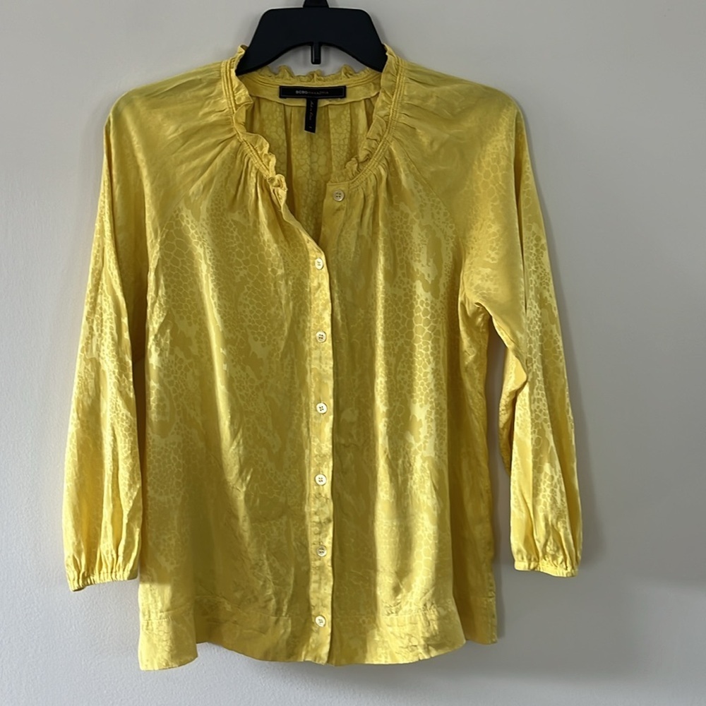 BCBG MAX AZRIA 100% SILK YELLOW CITRINE LONG SLEEVE TOP  SIZE XS/S - Picture 4 of 13